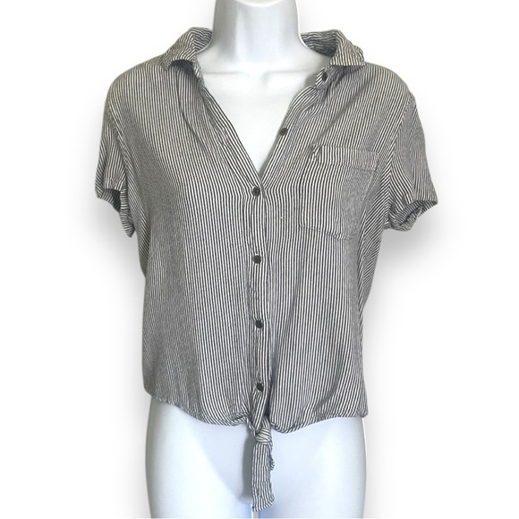 Aeropostale Tie-Front Button-Up Shirt - Blue & White Pinstripe Short SleeveTop - Picture 7 of 8